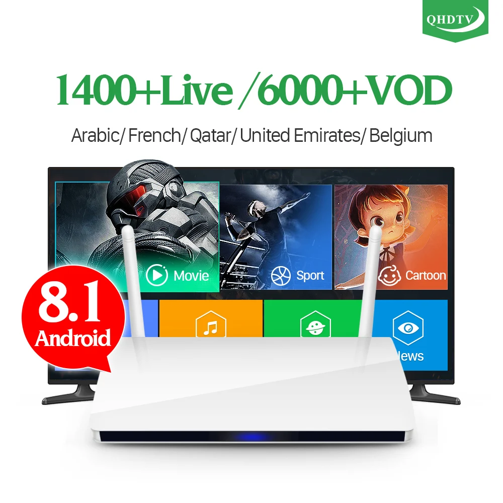 

R6 QHDTV 1 Year IPTV French Subscription Android 8.1 1+8G RK3229 H.265 4K English Netherlands France Arabic IP TV Code Receiver