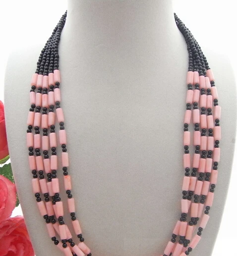 

FREE SHIPPING>>>@@ > N3541 5Strsd Coral&Onyx Necklace