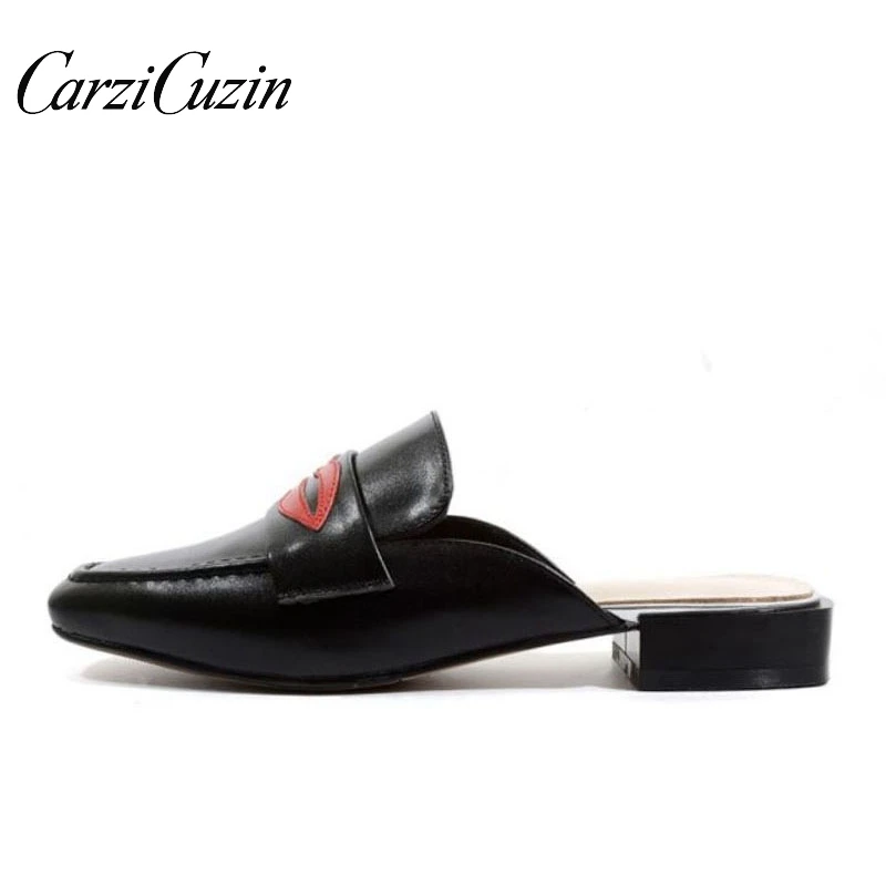 

Carzicuzin New Genuine Leather Slippers Women Square Toe Flats Sandals Leisure Outdoor Beach Summer Women Footwear Size 33-43