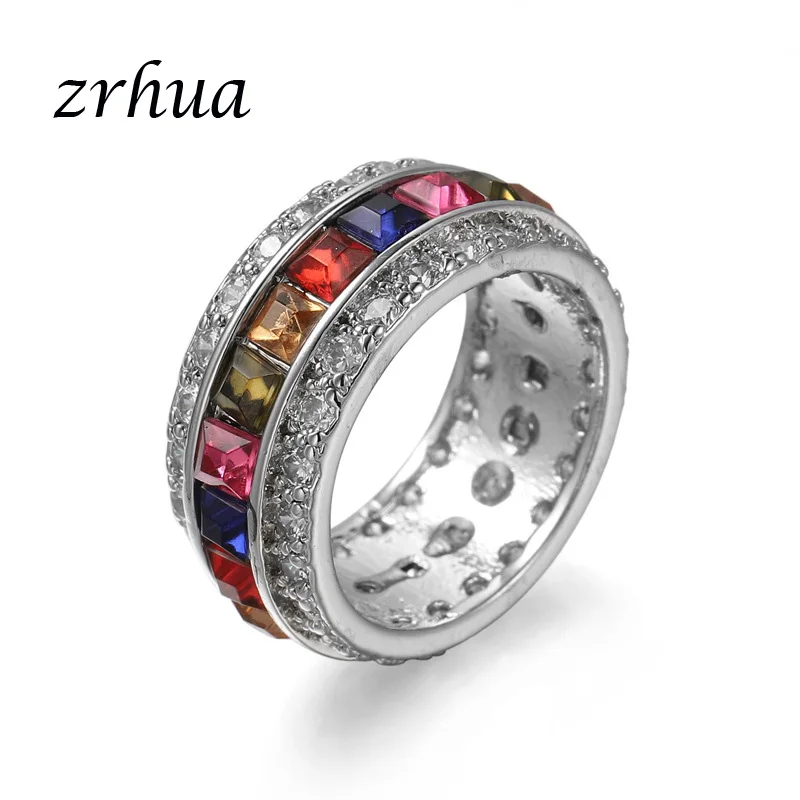 

ZRHUA 2019 New Arrival Multicolor & Rainbow CZ 925 Silver Ring Size 6 7 8 9 10 Fashion Women Finger Jewelry Gift Wholesale Price