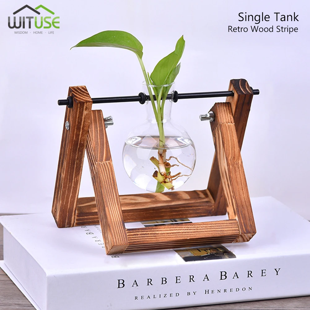 Настольная стеклянная ваза для растений с ретро твердой деревянной подставкой и металлическим поворотным держателем для гидропоники растения товары для домашнего сада - Цвет: Retro 1 Bulb