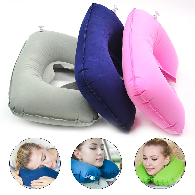 Portable Travel Inflatable U Shaped Pillow PVC Flocking Folding Neck
