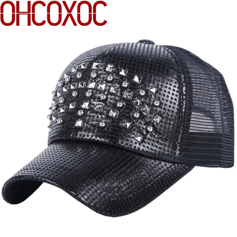 OHCOXOC/женская и мужская бейсбольная кепка в стиле хип-хоп, наклепки из искусственной кожи, однотонные сетчатые кепки,, Летняя Спортивная Кепка