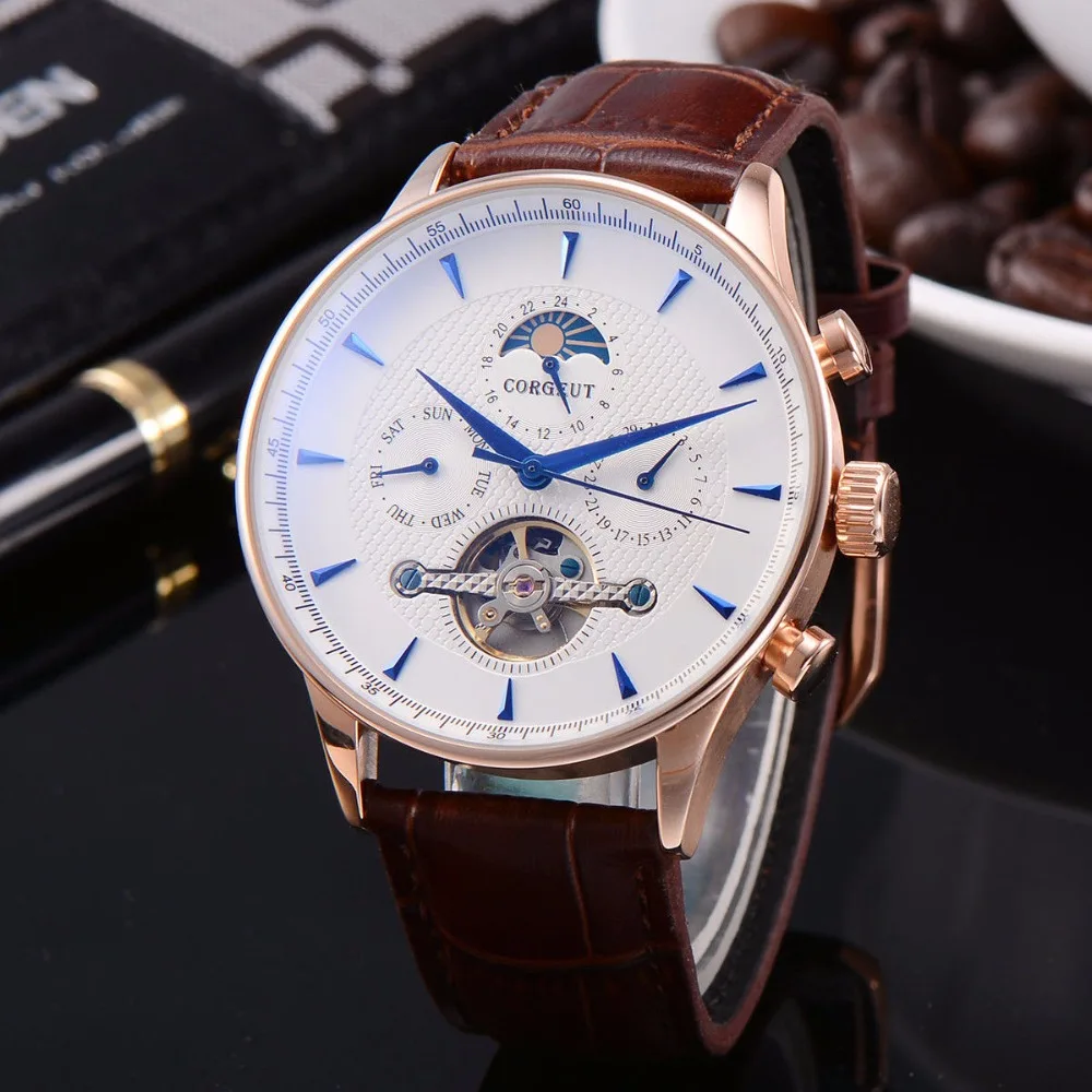 Corgeut часы новые спортивные механические часы Moon Phase Роскошные наручные для мужчин s часы Лидирующий бренд мужской часы Мужские автоматические часы