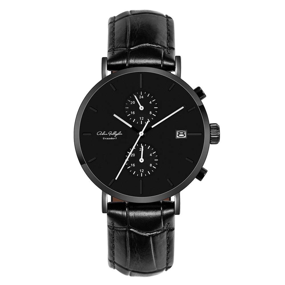 Men Watch Quartz Waterproof Wrist Watch Japan Movment Italian Slub Pattern Leather Strap Watch Arched Sapphire Glass