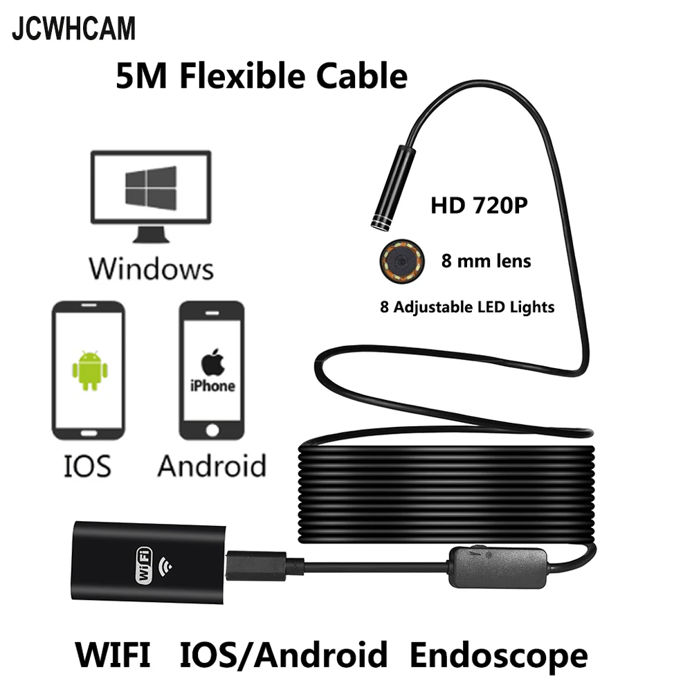 JCWHCAM 8LED 10 м гибкая змея USB WIFI эндоскоп камера HD 720P 8 мм 2MP IOS Android труба Инспекционная