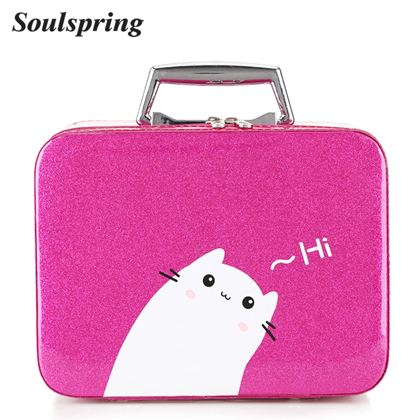 

Brand Patent Leather Cosmetic Bag Box Cute Cat Women Make up Bag Toiletry Suitcase Makeup Organizer Mirror Metal Tote Two Size