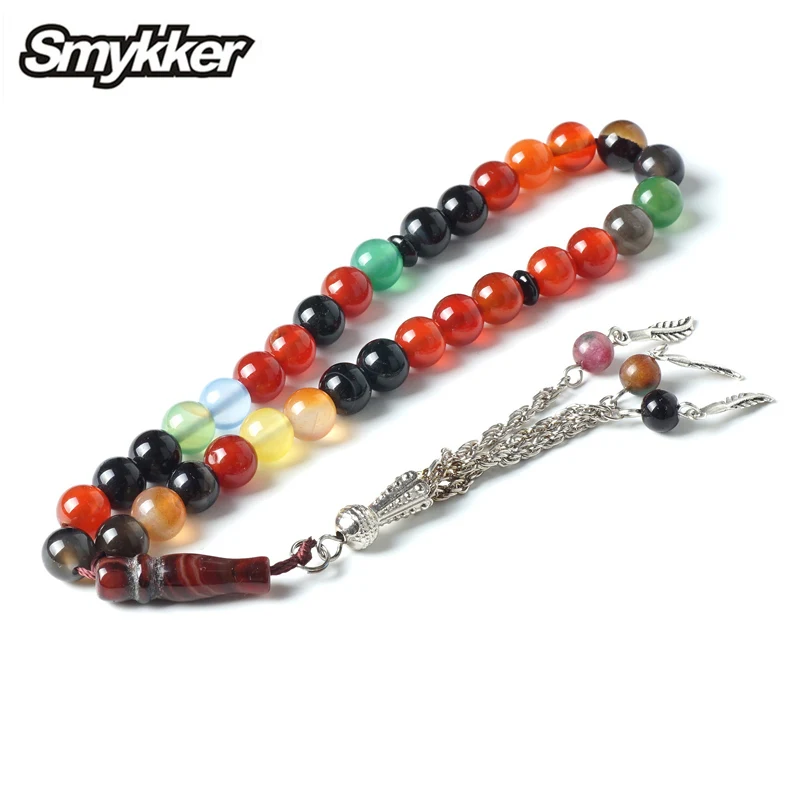 

Agate Stone Prayer Rosary Colourful Islamic Muslim Gemstone Bracelet Silver Tassel 33 pcs 8mm Religious Jewelry Tesbih Allah