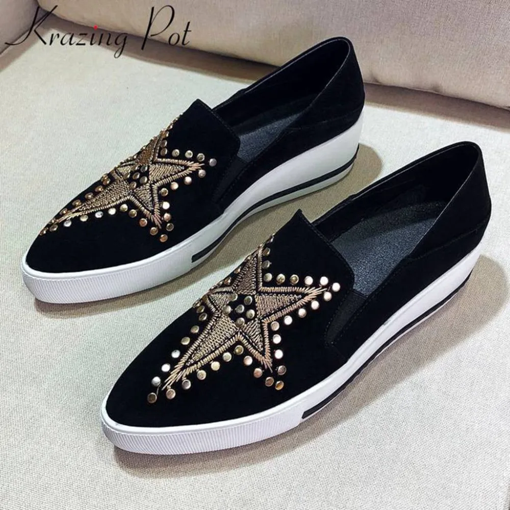 

Newest kid suede star embroidery rivets decoration thick bottom pointed toe slip on flat platform loafers vulcanized shoes L23