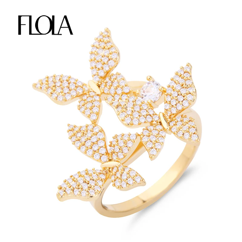 

FLOLA New Wedding & Party 3 Butterflies Ring For Woman Micro Inlayed Zircon Finger Ring Fashion Jewelry Anel Gift Femme rigf48