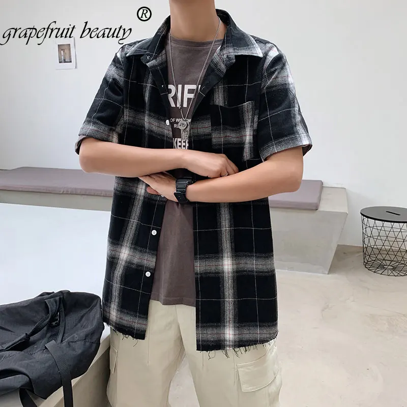 

summer personality Hong Kong version of the trend of color matching plaid shirt men's casual hip hop loose long-sleeved shirt 5X