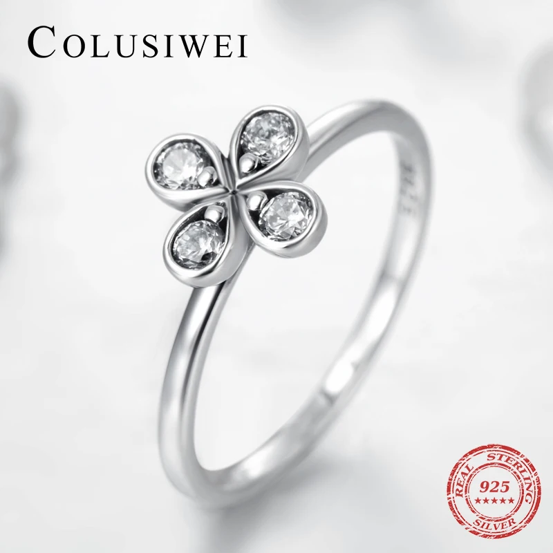 

Colusiwei Lucky A Clover Fashion Flower Rings 925 Sterling Silver Charm Clear CZ Stackable Finger Rings For Women Party Jewelry