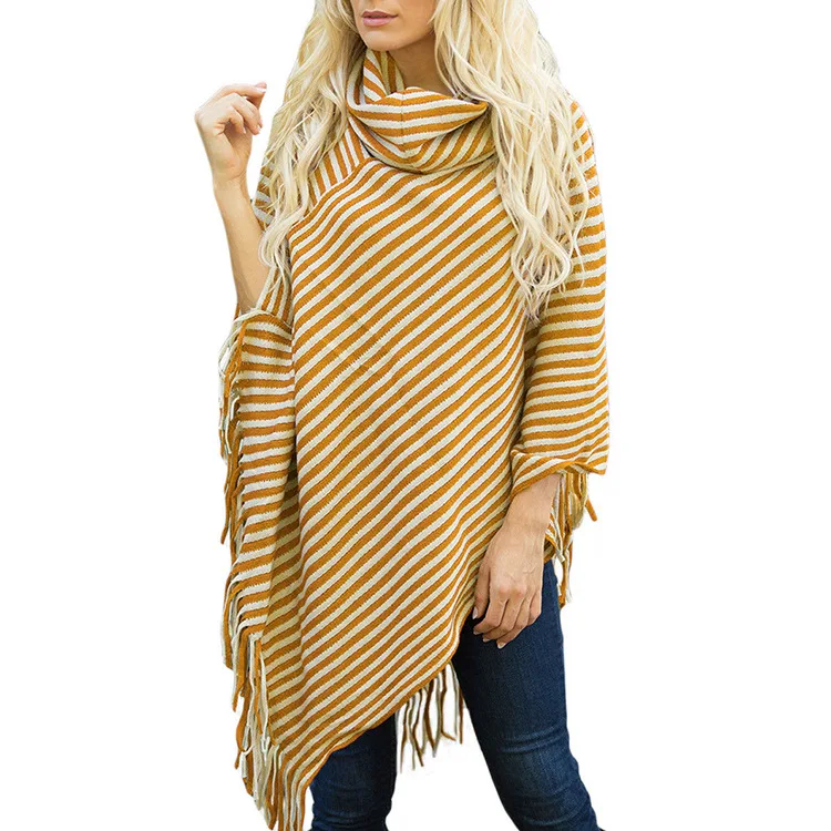 Зима полосы пончо с кисточками свитер шали Для женщин Высокая Шея Теплый Вязание Рождественский подарок пиджаки обертывания - Цвет: Yellow