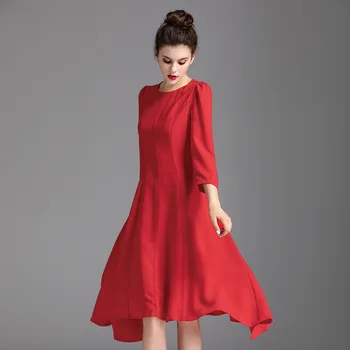 

Red Dress Women Spring New Round neck Simple Fashion Three Quarter Puff Sleeve Irregular Dress Female S-XL