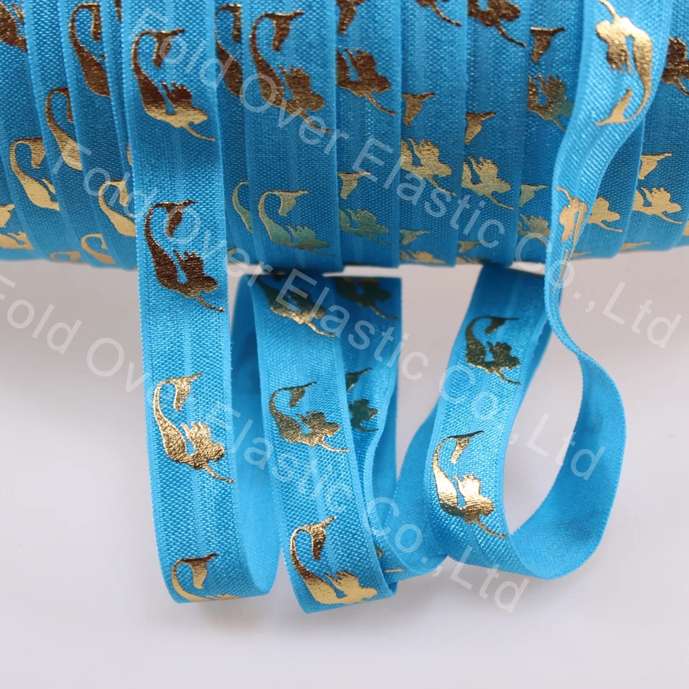

5/8" foe, gold foil mermaid printed fold over elastic 340 turquoise 5/8" foe elastic 100yards/lot wholesale