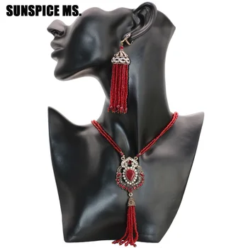 

SUNSPICE MS African Bridal Wedding Beads Jewelry Sets Natural Stones Antique Dangle Earrings Long Tassels Pendant Necklace Dubai