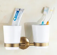 

Wall Mounted Vintage Retro Antique Brass Bathroom Toothbrush Holder Set Bathroom Accessory Dual Ceramic Cup mba145