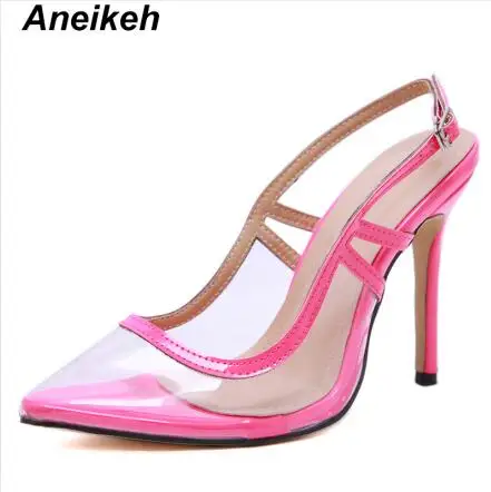 Aneikeh/ г. Пикантные туфли-лодочки из ПВХ женская обувь свадебные туфли на тонком высоком каблуке без шнуровки, повседневные туфли для танцев прозрачный ремешок с пряжкой, розовый, красный, зеленый цвета - Цвет: Rose-red