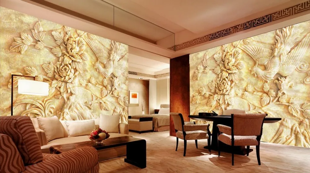 

3d wallpaper for room Jade carving marble reliefs peony flowers backdrop bathroom 3d wallpaper