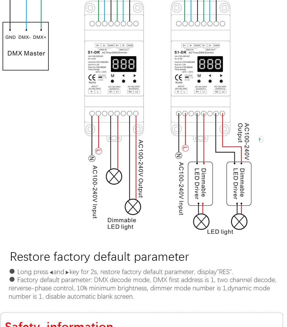 Din-рейка AC100-240V 288 Вт 2 канала Triac DMX диммер, двухканальный выход кремния DMX 512 контроллер S1-DR