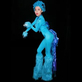 

New Fashion Red Blue Jumpsuit Nightclub Dance Show Bodysuit Women's Prom Party Outfit Sexy Feather Rompers DJ DS Costume