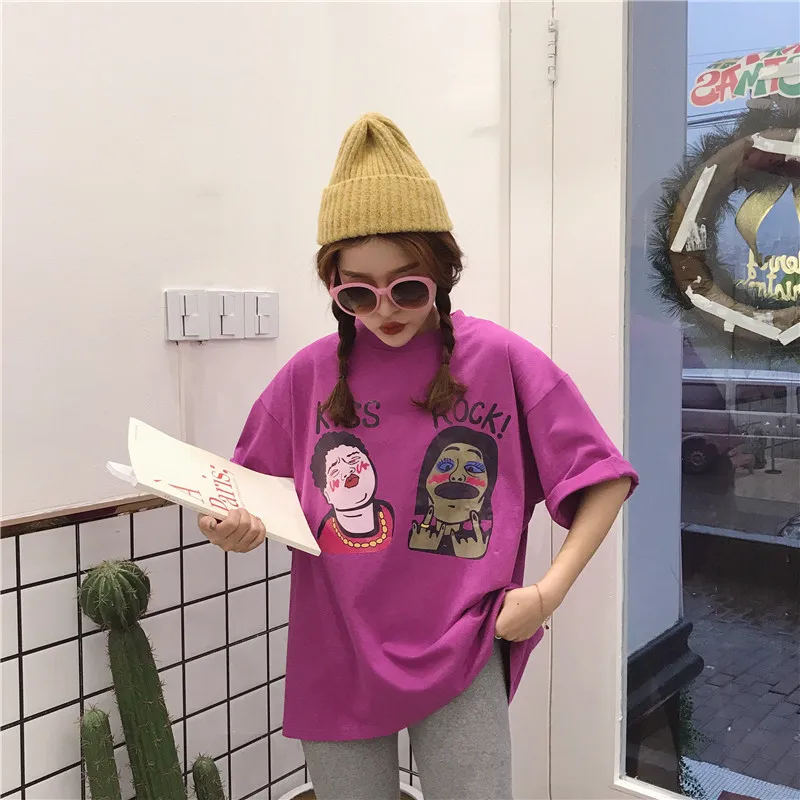 

Spoof fun ugly cartoon print kiss rock letter tops print purple Casual Clothing summer loose Harajuku BF fashion women's t-shirt
