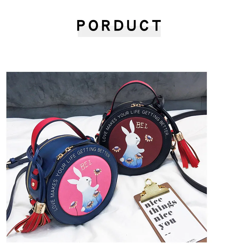 Rabbit Printing Bag Ladies Sweet Round Crossbody Bags Women Leahter Circle Handbags Girl Alice's Mini Black Blue Messenger Purse (1)