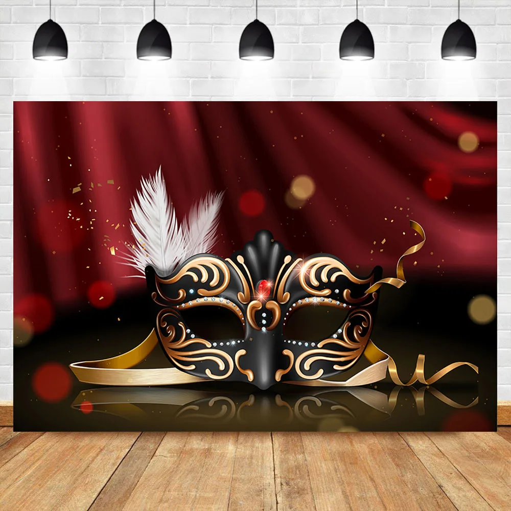 

Neoback Black Mask Birthday Party Photo Backdrop White Feather Red Masquerade Bokeh Photography Backdrops Studio Shoots