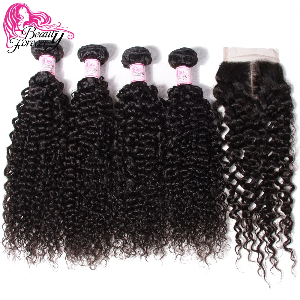 

Beauty Forever 4 Bundles Malaysian Curly Human Hair With Closure 4*4 Free/Middle/Three Part Remy Hair Weaves Natural Color