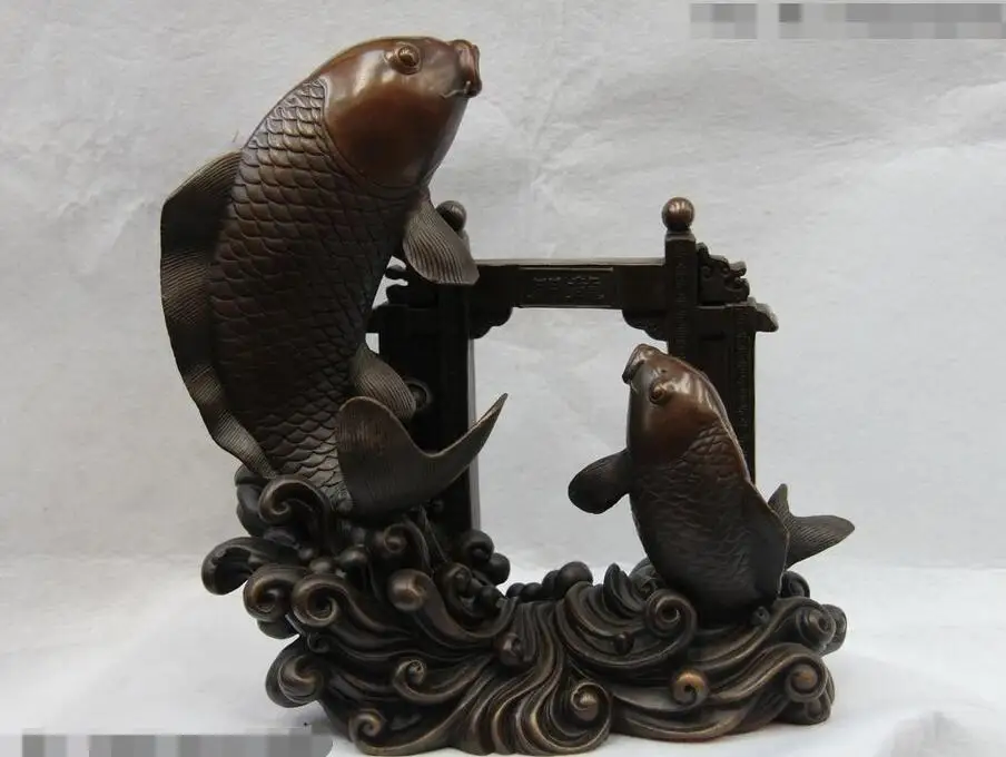 

China Pure Copper Bronze Feng Shui Wealth Lucky Carp Fish Leap Dragon Door Statue