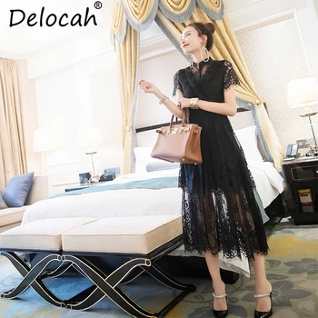 

Delocah 2019 Women Spring Summer Dress Runway Fashion Elegant lace up Hollow Out Ruffles Mesh Overlay Vintage Black Midi Dresses