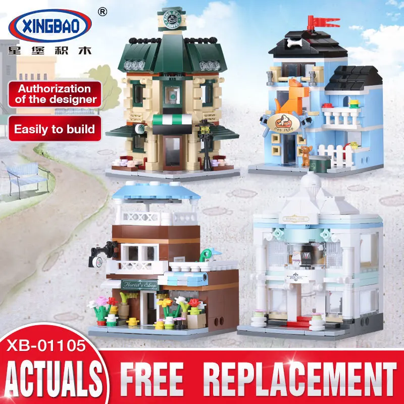 

XingBao 01105 Genuine 1079 Pcs The Coffee Shop Wedding Store Flower Shop Pet Shop Set 4 in 1 Building Blocks Bricks Toys Model
