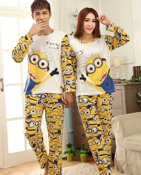 Couple Pajama Sets Long Sleeve Sleepwear 2017 New Mens Womens Minions Printed 100 Cotton Free Shipping