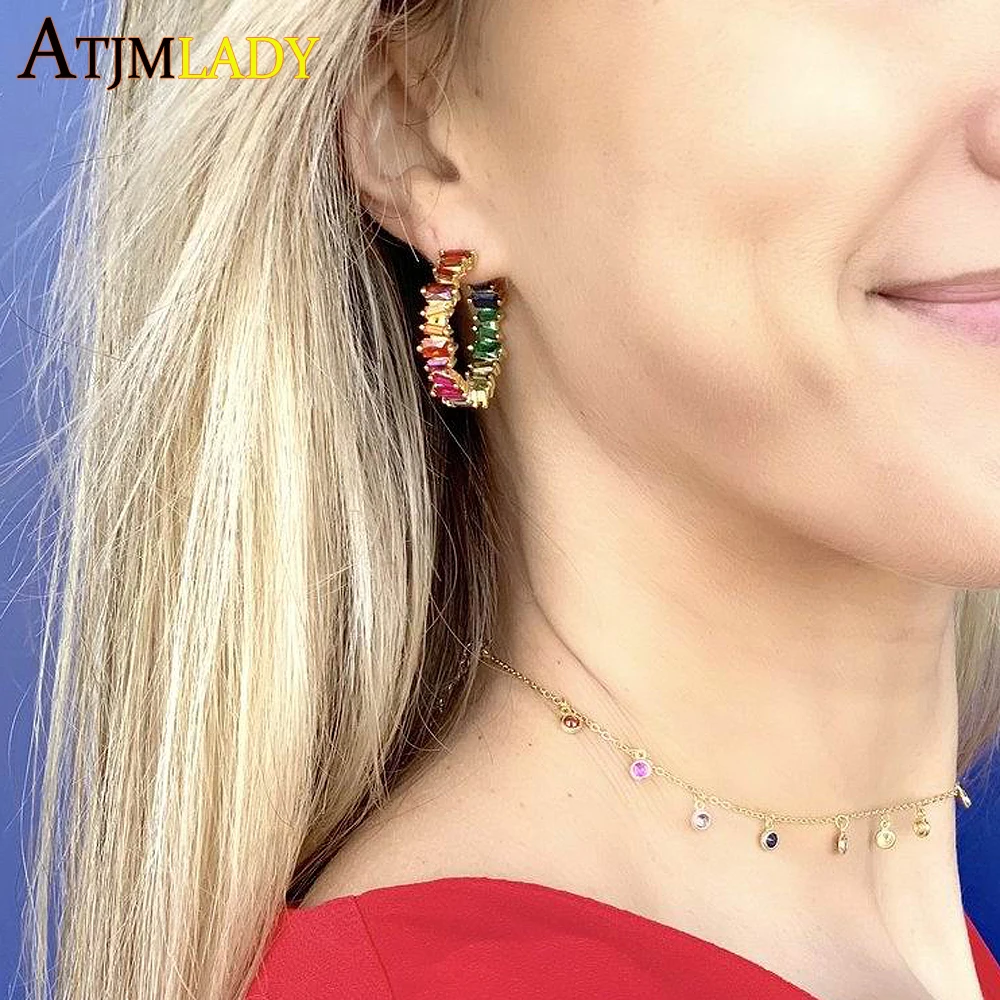 

2019 baguette cubic zirconia colorful jewelry for women minimal elegant rainbow delicate dainty hot fashion Huggie cz earring