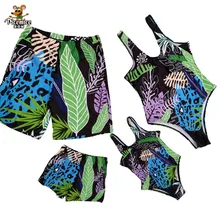 Family Matching Swimsuit Summer Beach Holiday Blue Leaf Print Mommy And Me Swimsuit Dad And Son Swimwear Shorts mesh insert open back leaf print swimsuit