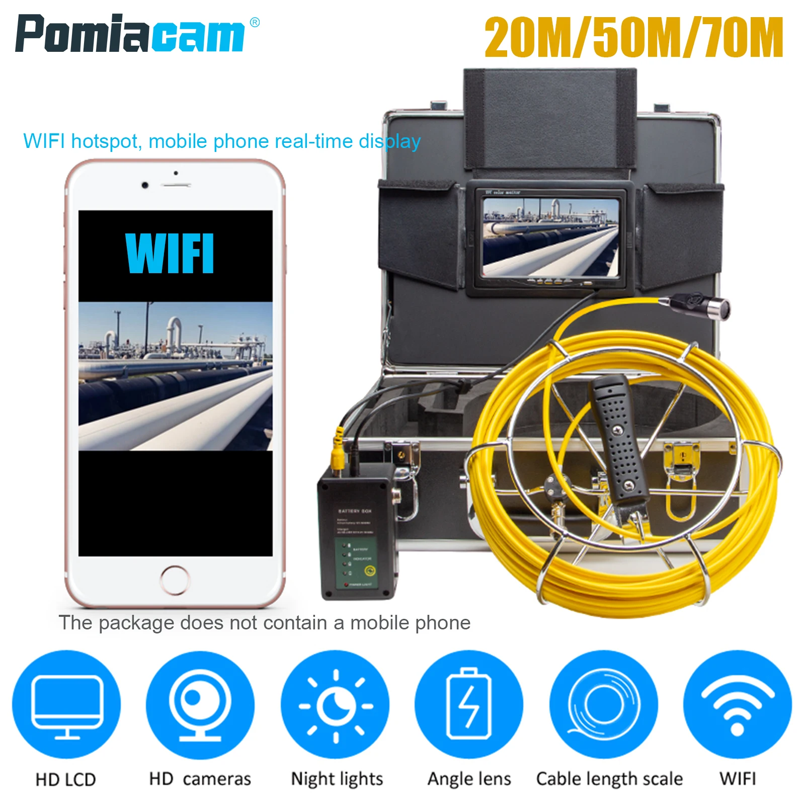 WP70E труба инспекционная система 20 м/30 м/50 м желтый кабель Новый эндоскоп