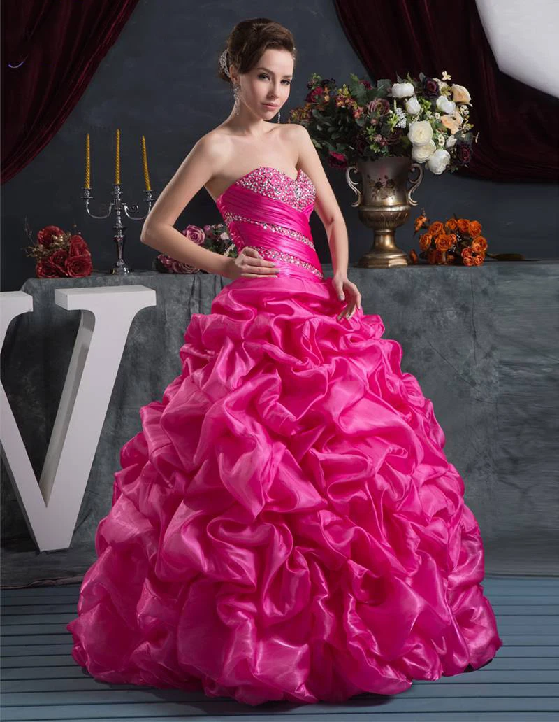 Vestidos De Quinceaneras милое бисерное ярко-розовое Пышное Платье из Тафты Бальные платья милые 15 платья Сладкие 16 принцесс