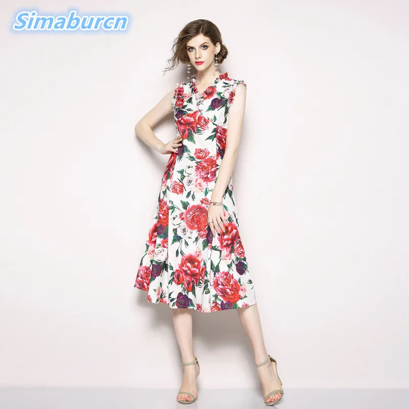 

High Quality Vintage Dress 2018 Summer Spring New Sleeveless V-Neck Vestidos Women Elegant Print Mid-Calf Casual Dresses Ladies