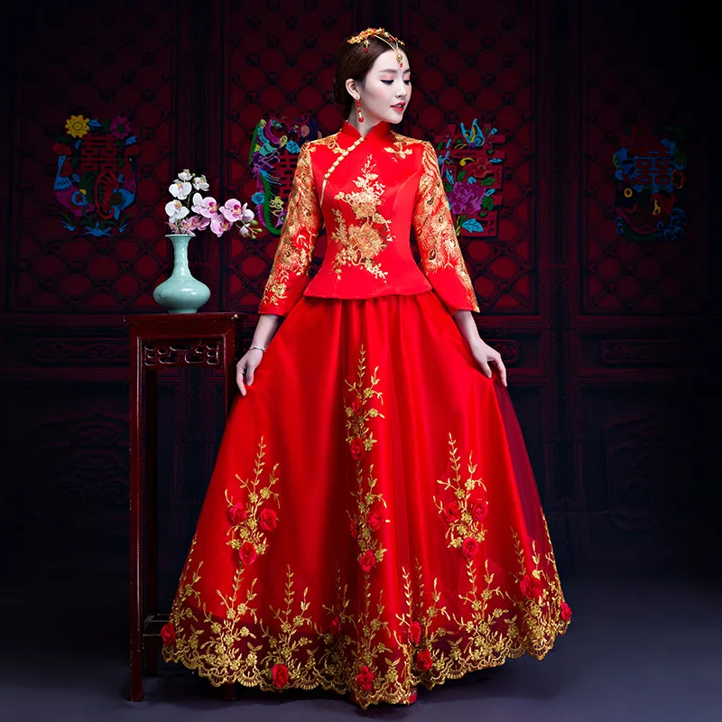Красное свадебное платье традиционное китайское Qipao Национальный костюм для