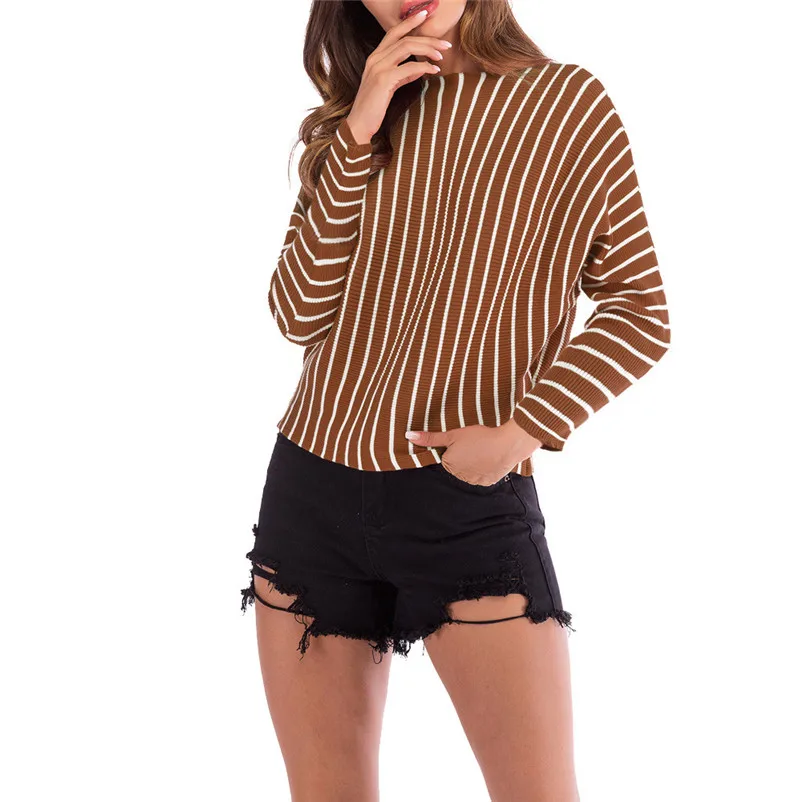 HOT sell sweaters fashion 2018 women Striped O Neck Long Sleeve Knitted Sweater Jumper Pullover Top Blouse Invierno O09#N (2)