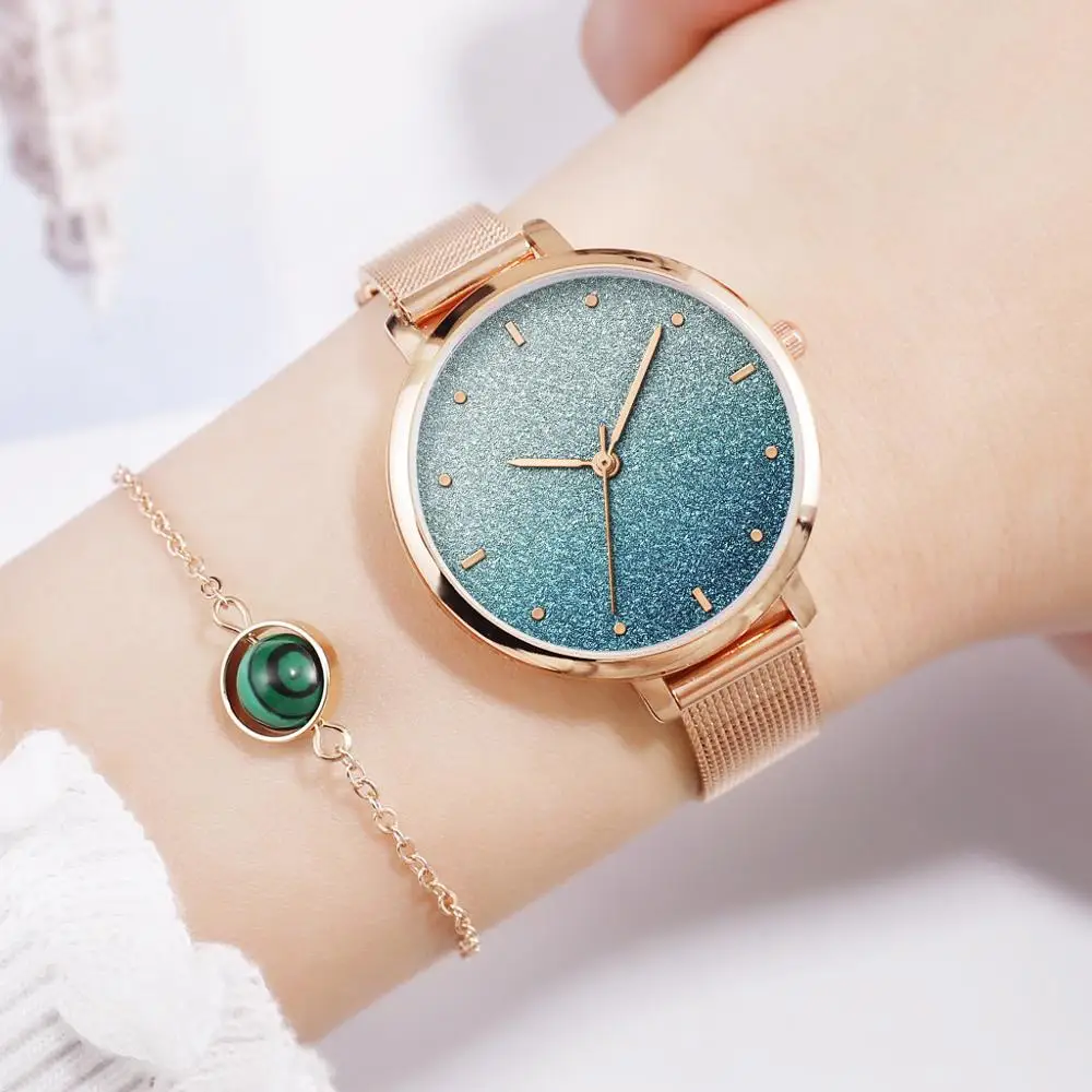 

Luxury Brand Metal Belt Women Watches 2019 Starry Sky Green Dial Wristwatches Casual Ladies Bracelet Quartz Clock Dropshipping