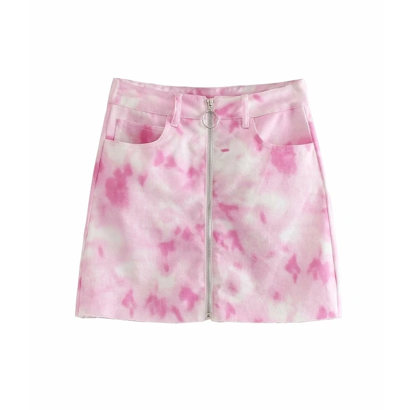 

2019 Women vintage tie dyed printing denim mini skirt faldas mujer ladies pocket front zipper casual slim pencil skirts QUN358