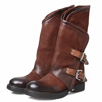 

European Style Warming Black Light Dark Brown Genuine Leather Round Toe Combat Boots Women Zip Buckle Mid-calf Short Boots
