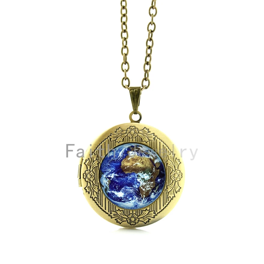 Classic blue World Earth pendant necklace handmade astronomy Earth pattern locket jewelry