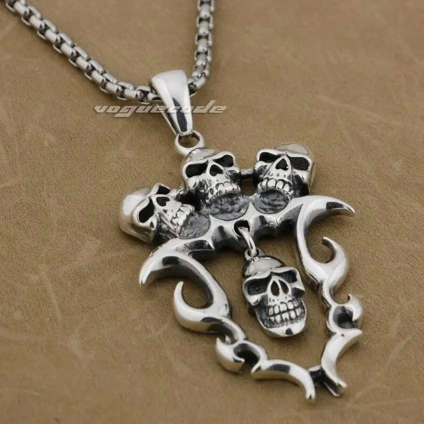 

LINSION 925 Sterling Silver Huge Skulls Flag Mens Biker Rock Punk Pendant 9E012