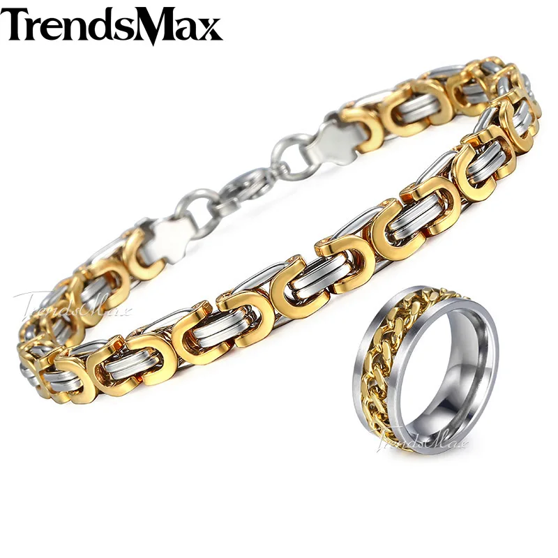 Gold Bracelet Ring Jewelry Set For Men Stainless Steel Byzantine Gold Bracelet Ring Jewelry Set For Men