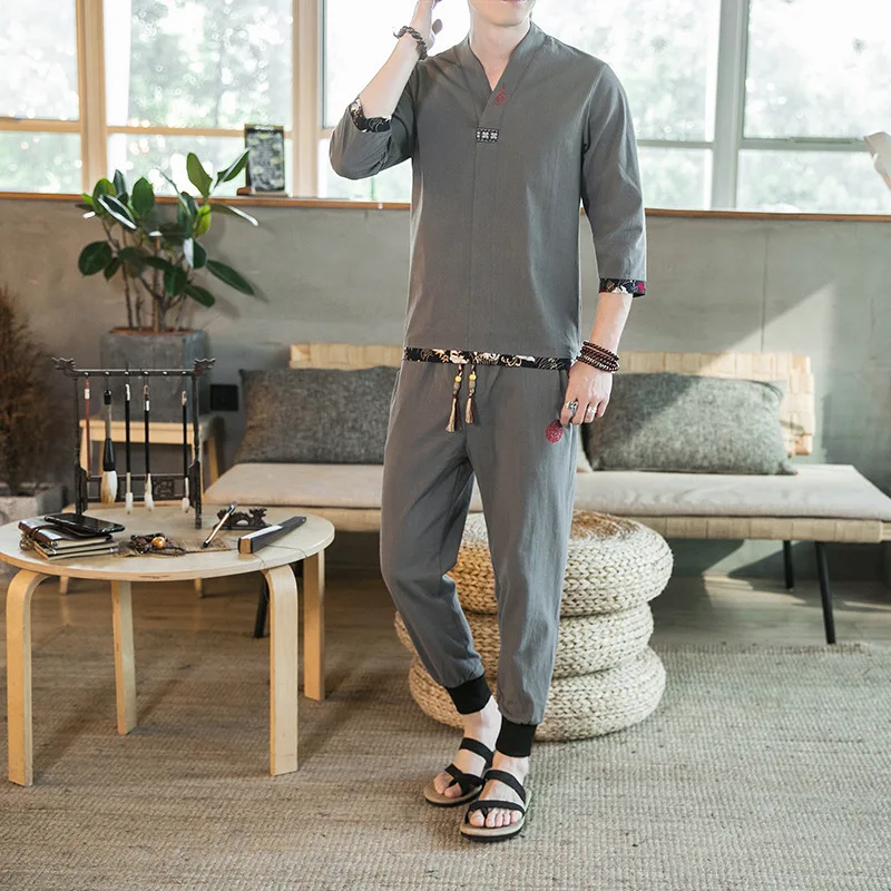 

#3401 Chinese Style Vintage Two Piece Set Summer 2019 Cotton Linen T Shirt And Pants Fashions Plus Size 5XL Embroidery