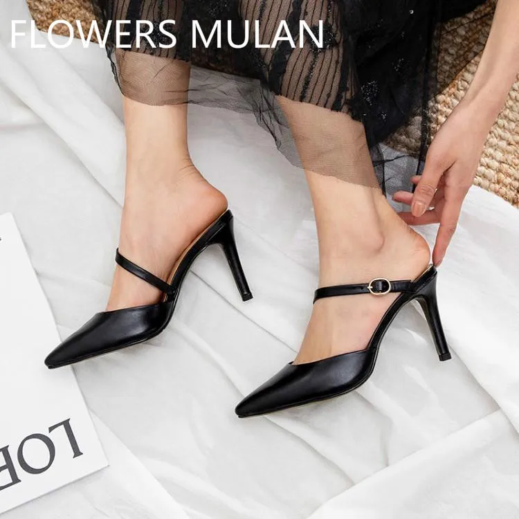 

Fashion Black Beige Brown Leather Women Slingbacks Elegant Pointed Toe Slip On Ladies Shoes Brand Designer One Buckle Mules Lady