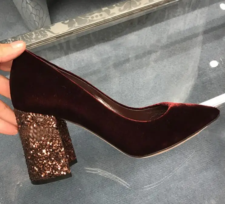 Paillettes De Chaussures Rouge Orteil Pointu Talons Femmes Porter Parti 6cm 2018 Hiver Heels Vin Mode Chunky Mariage rose Automne Velours Mariée 8nqw507w
