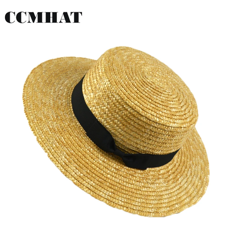 CCMHAT Flat Top Straw Hat Summer Spring Women's Wide Brim Sun Hat Beach